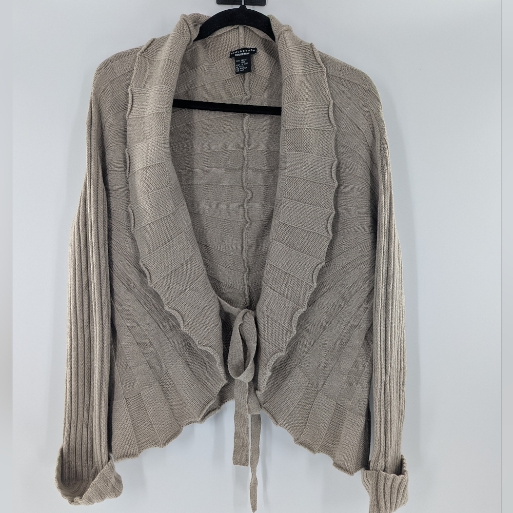 Doncaster Collection 100% Merino Wool Ruffle Cardigan Wrap Sweater Tan Large